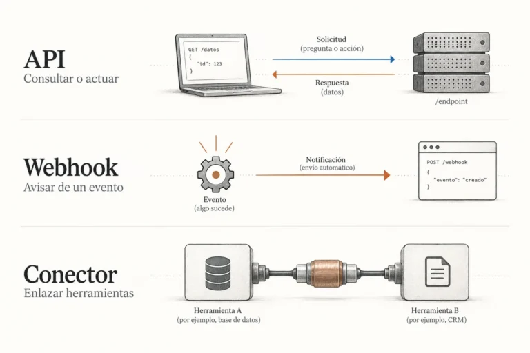 Comparación visual entre una API que responde a consultas, un webhook que avisa y un conector que enlaza herramientas.