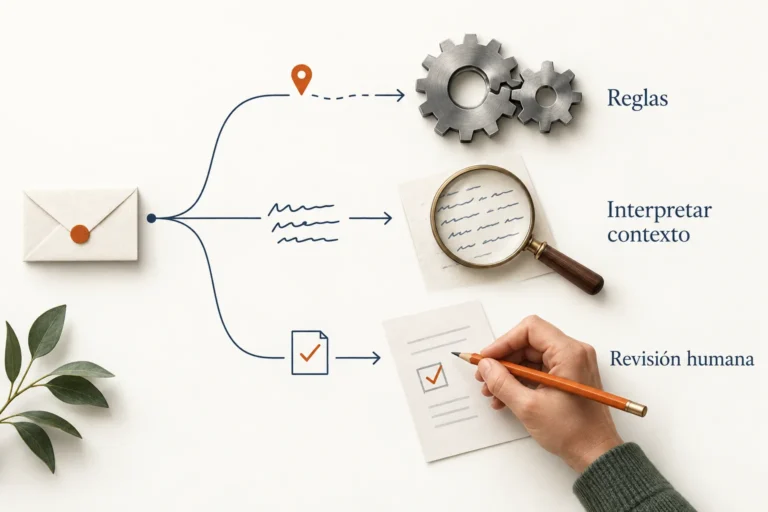 Infografía de tres decisiones para un proceso: aplicar reglas, interpretar el contexto con IA y revisar con una persona.