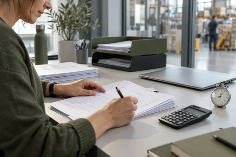 Revisión del tiempo y el coste de una tarea con documentos, calculadora y cronómetro sobre una mesa de distribución.
