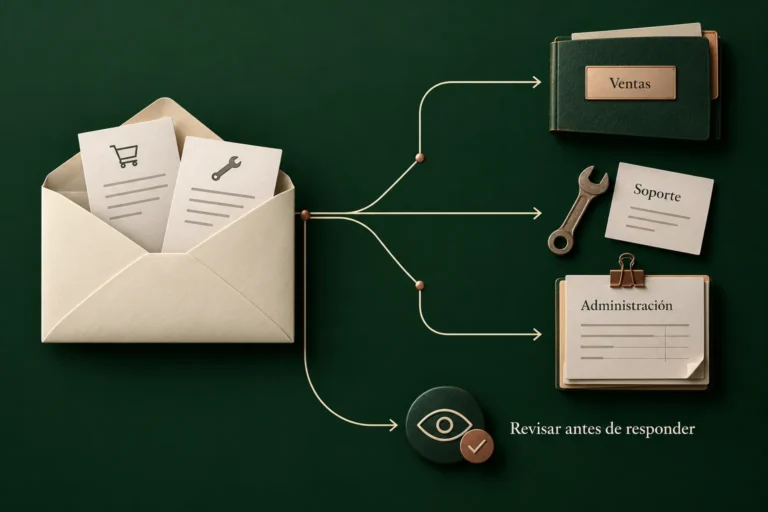 Clasificación de un correo en varios asuntos, con rutas hacia ventas, soporte y administración y revisión antes de responder.