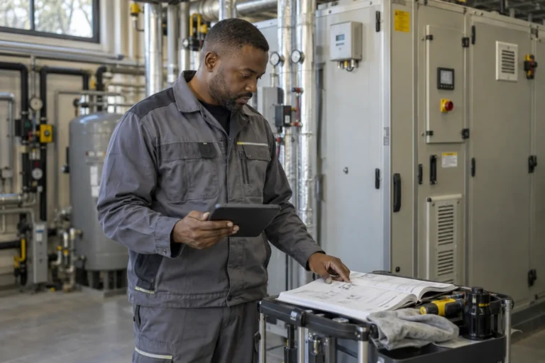 Un técnico consulta una tableta junto a un manual abierto y comprueba la información en una instalación industrial.