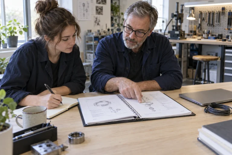 Dos compañeros revisando un manual operativo de integración durante un relevo de tareas.