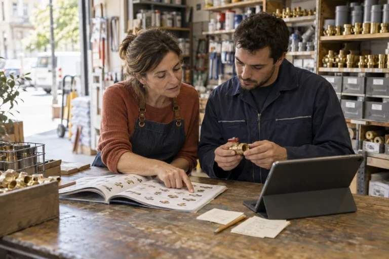 Dos profesionales comprueban una pieza de fontanería con un catálogo y una tableta en una tienda de suministros.