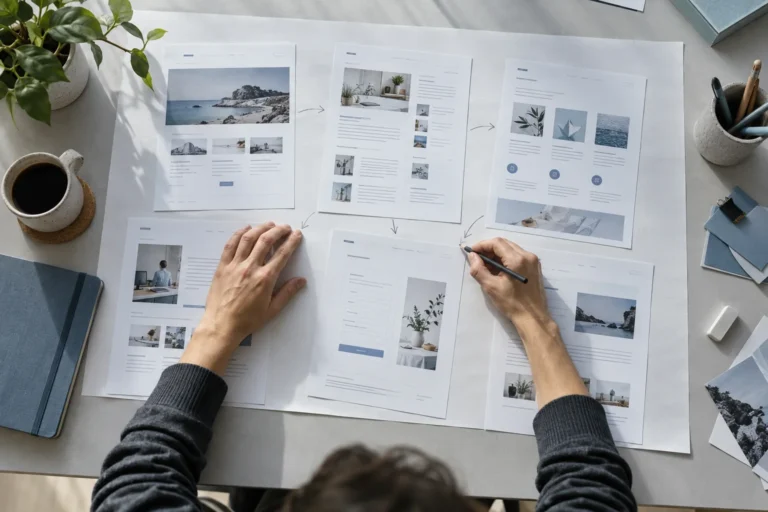 Diseñadora organiza prototipos impresos de artículos y servicios para revisar los enlaces entre páginas.
