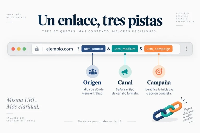 Tres parámetros UTM identifican el origen, el canal y la campaña sin incluir datos personales.