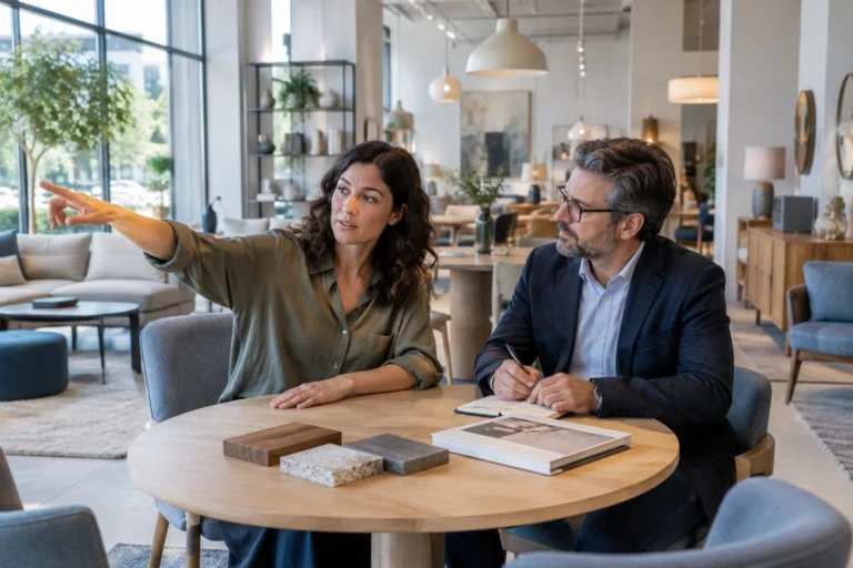 Reunión de consultoría para definir las necesidades de una pequeña empresa en un showroom.