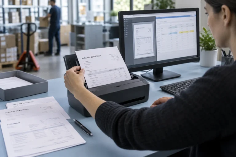 Digitalización y comprobación de datos de albaranes junto a un escáner y una hoja de trabajo en pantalla.