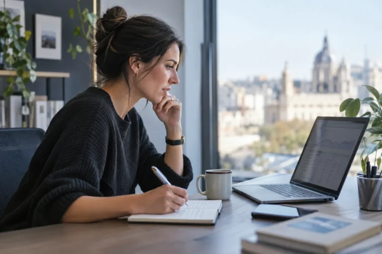 Profesional revisa la visibilidad de una web contrastando un informe con sus notas.