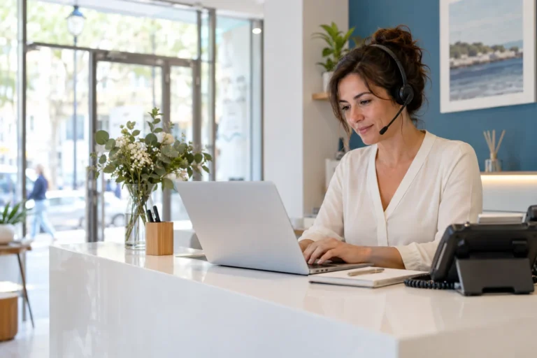 Responsable de atención revisa consultas recibidas en el mostrador de una pequeña empresa.
