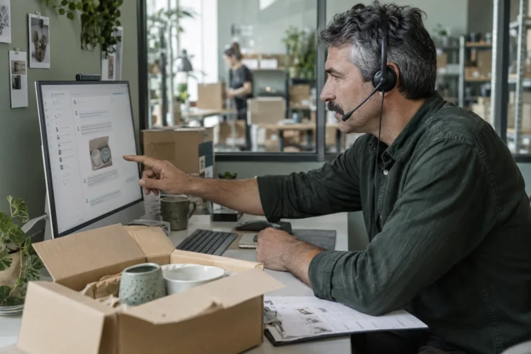 Un profesional de atención al cliente consulta el historial de un pedido durante una conversación telefónica.