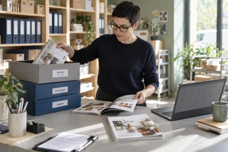 Una profesional separa documentos vigentes y antiguos junto a un catálogo digital antes de preparar los datos de la empresa.