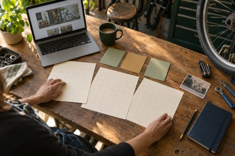 Planificación de tres meses sobre una mesa de taller de bicicletas, con calendarios, tarjetas y un portátil.