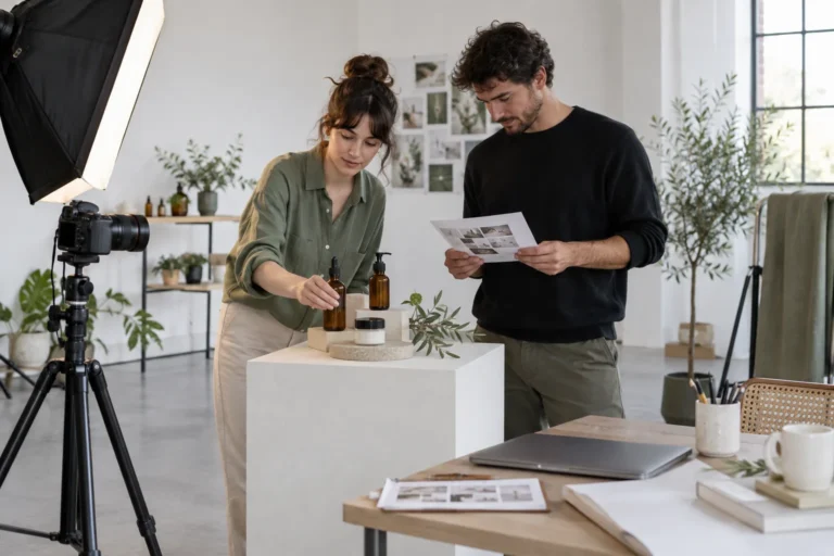 Pequeño equipo prepara fotografías de producto y materiales antes de lanzar una campaña.