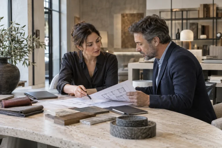 Una consultora y un pequeño empresario revisan una solicitud comercial junto a muestras de materiales en un estudio contemporáneo.