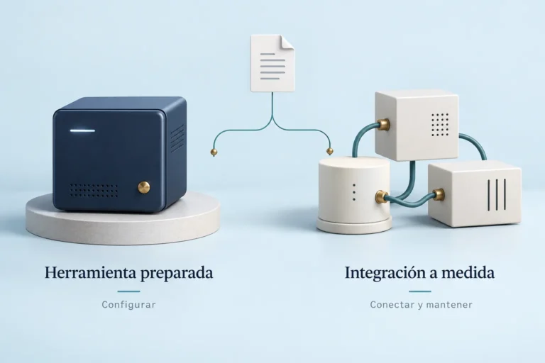 Comparación visual entre utilizar una herramienta ya preparada y construir una integración a medida con módulos conectados.