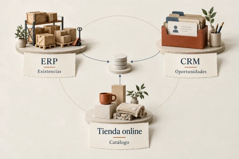 Esquema que asigna existencias al ERP, oportunidades al CRM y catálogo a la tienda online.