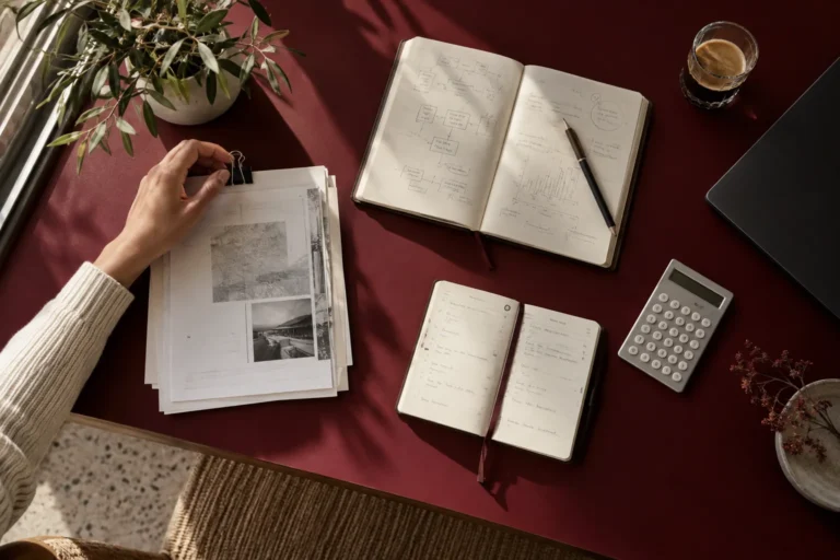 Documentos de presupuesto y mantenimiento organizados en una mesa, con calculadora y notas de planificación.