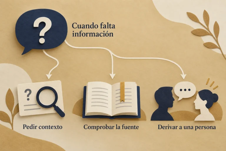 Tres opciones para una consulta sin respuesta suficiente: pedir contexto, comprobar la fuente y derivar a una persona.