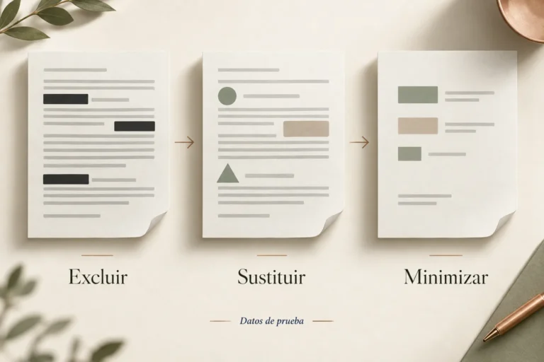 Infografía sobre reducir los datos de prueba: quitar identificadores, usar ejemplos ficticios y conservar solo los campos necesarios.