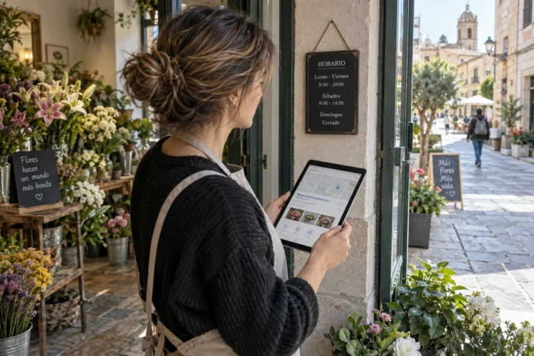Propietaria verificando los datos públicos y la ubicación de su comercio desde la entrada del local.