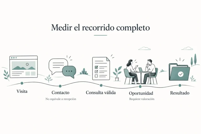 Recorrido para medir una web de servicios desde la visita hasta el resultado comercial.