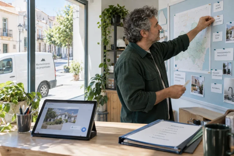 Preparación de la atención digital de una empresa de servicios, con su cobertura revisada sobre un mapa y una web de consulta.