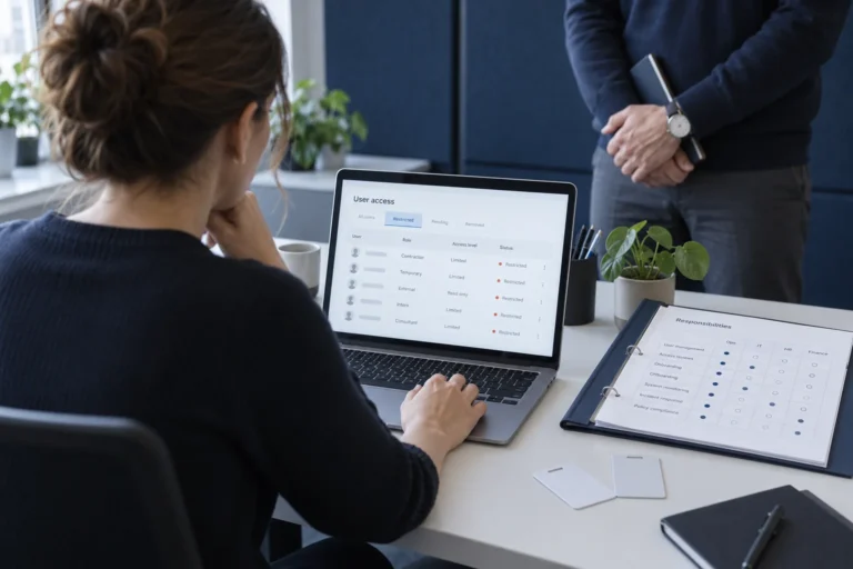 Administradora revisando accesos de trabajo y asignaciones de usuarios en un entorno de empresa.