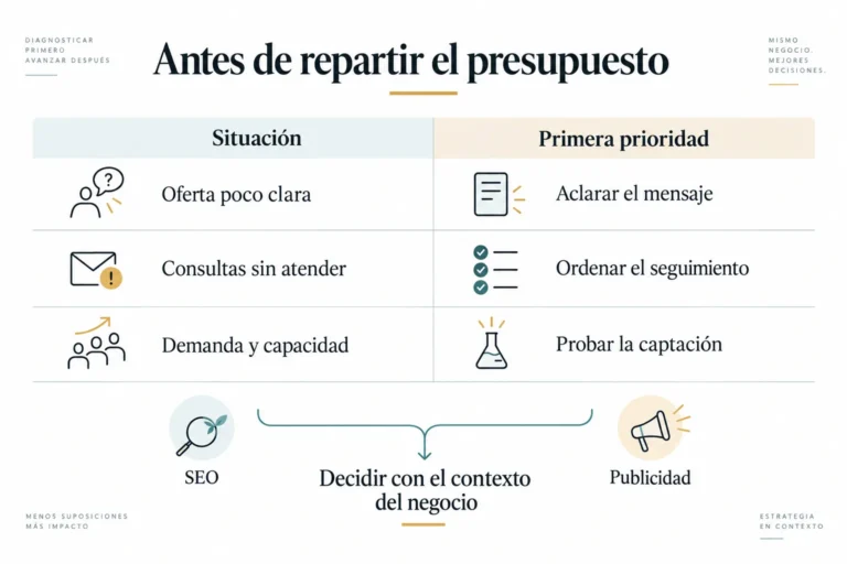 Matriz de prioridades antes de repartir el presupuesto entre SEO y publicidad.