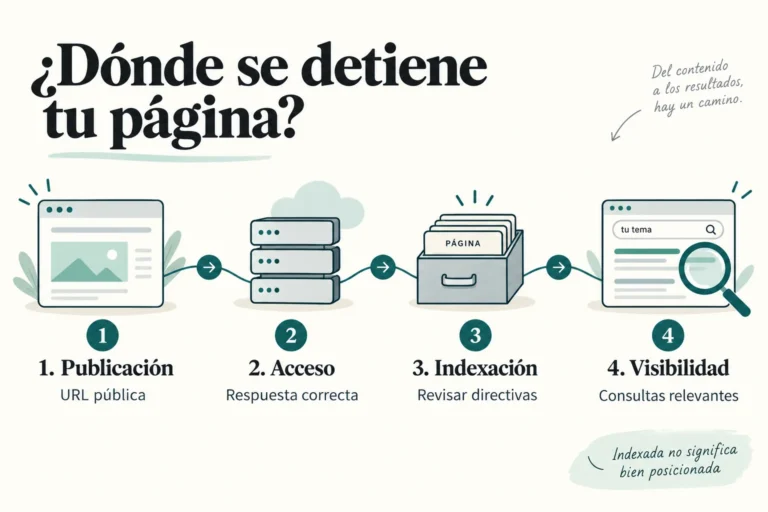 Ruta para diagnosticar una página: publicación, acceso, indexación y visibilidad.