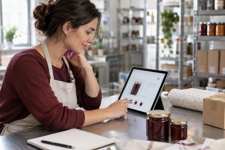 Responsable de una tienda de alimentación revisa desde una tableta la información de un producto.